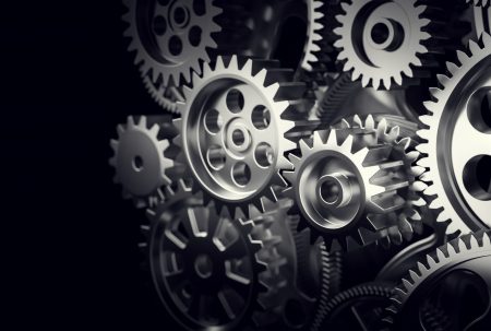 Mechanism, gears and cogs at work. Industrial machinery. Close-up, detailed. 3D illustration
